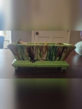 Vintage Ceramic Bird Planter Set Green Drip Glaze Japan 4 Birds Mid Century